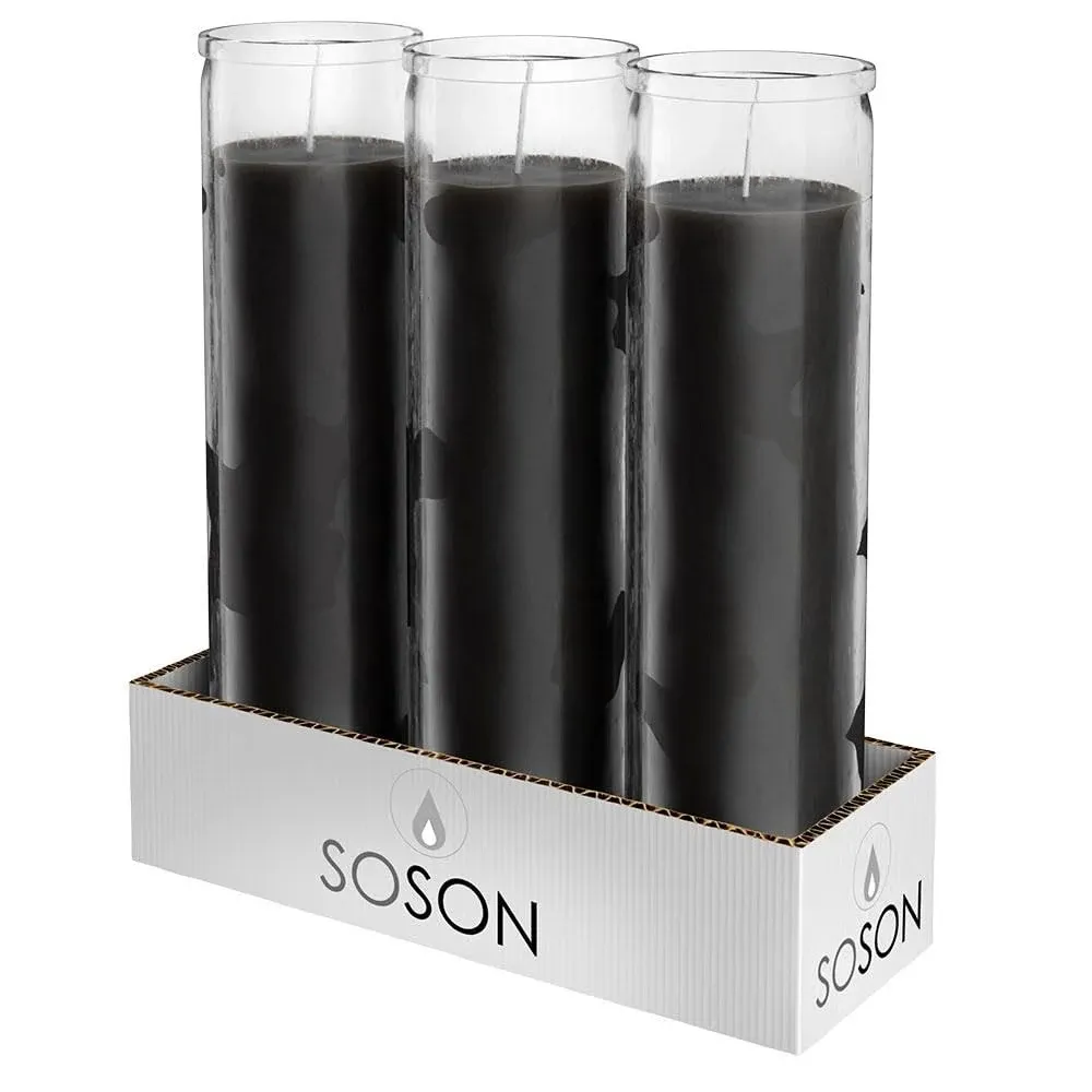 Simply Soson 2x8 inch 7 Day Black Pillar Candles in Glass Set of 3, 90 Hour Burn Time, Unscented Prayer Candles, Religious Candles, Candles for