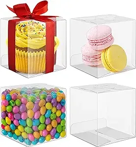 Houseables Clear Favor Boxes, Plastic Gift Box, 3x3x3 inch, 50 Pack, Transparent, Small, Square, Storage Bins, Empty Boxed