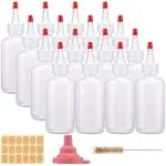 CUCUMI 16pcs 4oz Plastic Squeeze Bottles, with Red Tip Caps and Measurement, with Extra 1 Funnel, 18 Kraft Paper Stickers and 1 Brush for Crafts