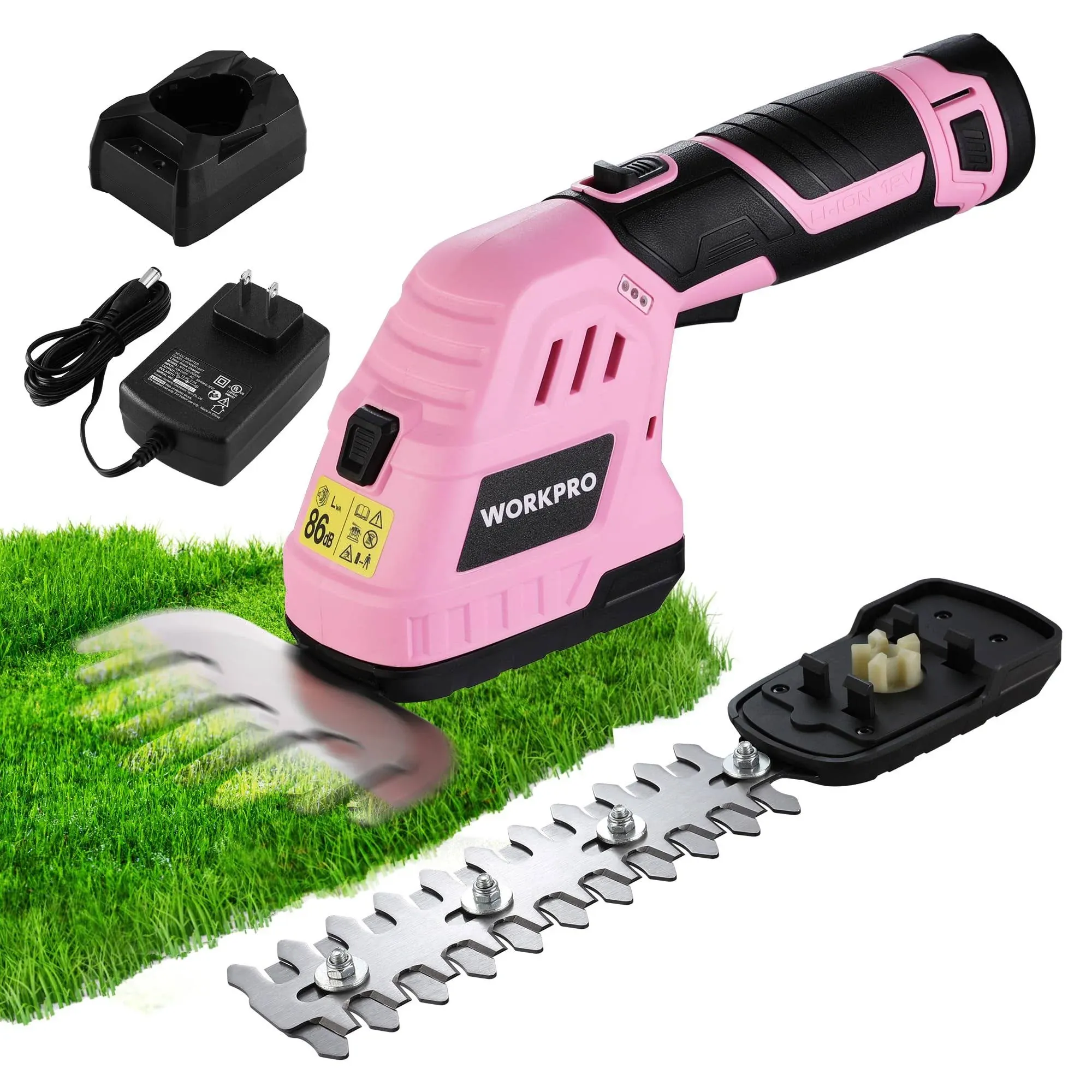 WORKPRO 12V Cordless Grass Shear & Shrubbery Trimmer - 2 in 1 Handheld Hedge Trimmer, Electric Grass Trimmer Hedge Shears/Grass Cutter with 2.0Ah Rechargeable Lithium-Ion Battery &1 Hour Fast Charger