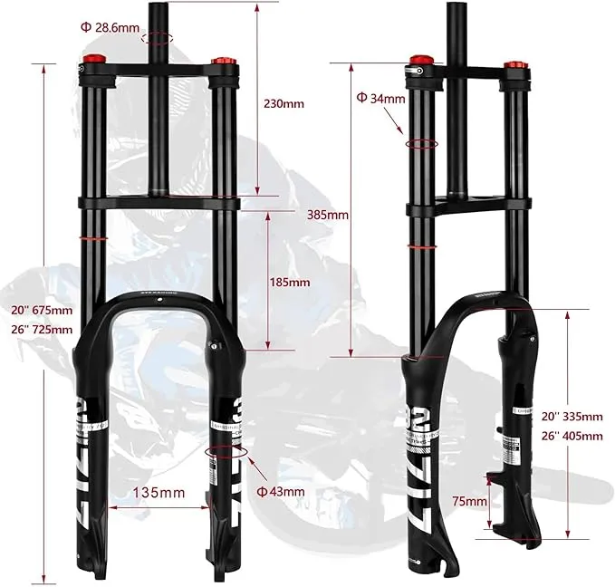 ZTZ 20/26 inch 4.0 Fat Tire Bike Air Suspension Fork - 180mm Travel, 135mm Hub Spacing, QR 9mm, Double Crown Shock Absorber Fork for MTB Fat Snow Beach E-Bike