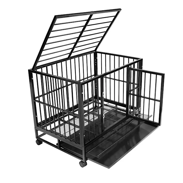 SmithBuilt 42' Large Heavy-Duty Dog Crate Cage - Two-Door Indoor Outdoor Pet & Animal Kennel with Tray - Black