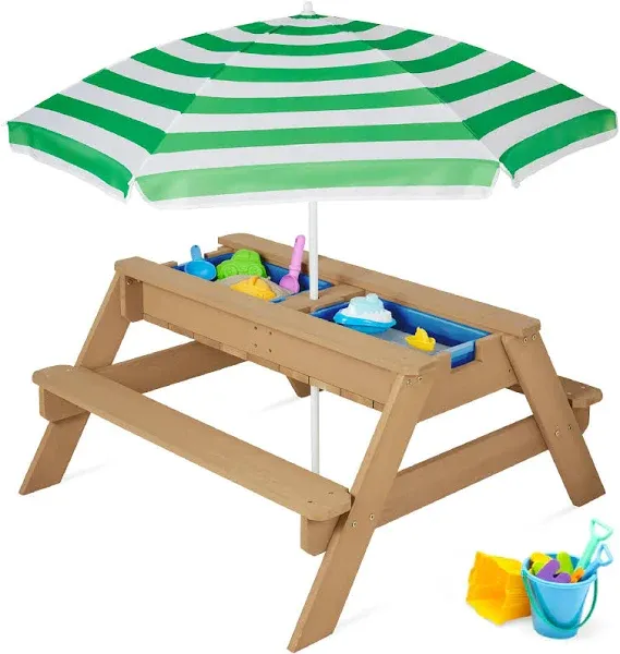 Best Choice Products Kids 3-in-1 Outdoor Convertible Wood Activity Sand Water Picnic Table w/ Umbrella