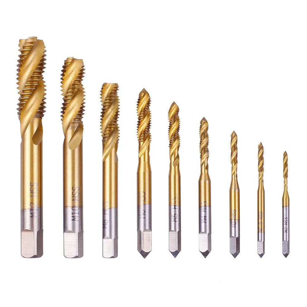 Rocaris 9 Pack of M2 M2.5 M3 M4 M5 M6 M8 M10 M12 Titanium Coated HSS Spiral Flut