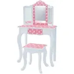 Teamson Kids Pretend Play Kids Vanity Table and Chair Vanity Set with Mirror Makeup Dressing Table with Drawer Fashion Polka Dot