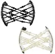 HairZing Clip Handmade Stretchy Hair Clips for Women - Gentle and Adjustable Hair Clip 2 Pack (Pearl & Black) Vintage Clincher Comb Tool for Thin, Fine, Thick, and Curly Hair