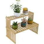 MyGift Natural Bamboo Indoor Plant Stand for Desk, 2 Tier Desktop Shelf Organizer Rack with 2 Slatted Shelves, Bamboo