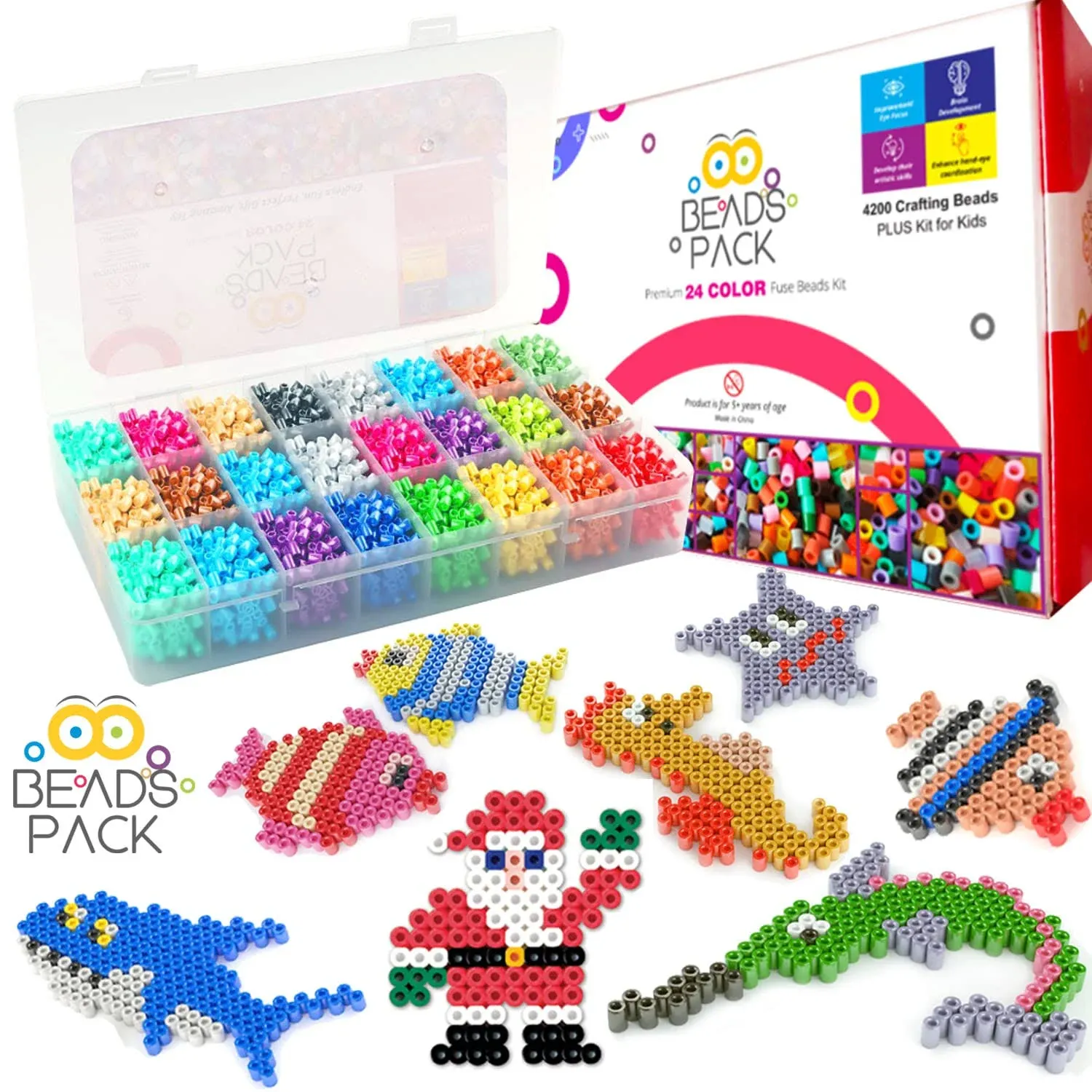 BeadsPack Fuse Beads Kit for Kids with 4200 Beads 5mm - 1 Pegboard, Tweezer, Pattern & Iron Paper – 24 Assorted Color Iron-On Melty Beads for Kids