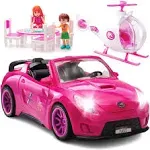 Play22 Pink Car Convertible 2-Seater Vehicle Doll Accessories with Lights and Sounds 10 Pc - Car for Dolls Toy Car includes Doll Helicopter, 2 Figurines, and Dining Table Set - Great Toddler Gift