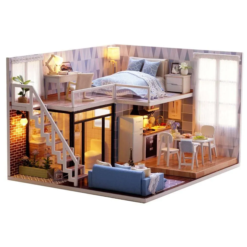 MAGQOO 3D Wooden Dollhouse Miniature DIY House Kit with Furniture,1:24 DIY Dollhouse Kit Dust Proof Included (Blue Times)