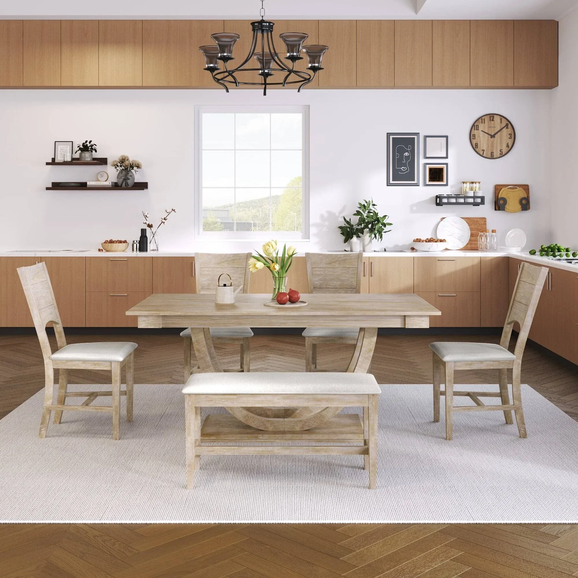 Mondawe Wood Half Round Dining Table Set Kitchen Table Set with Long Bench and 4 Dining Chairs - White