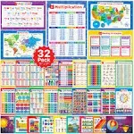 32 Set of 59 Colorful Educational Posters for Kids - 17x11, Multiplication Chart, Alphabet Poster, Sight Words, Periodic Table, USA & World Map, Classroom Posters, Homeschool Supplies - Laminated