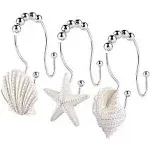 Decorative Shower Curtain Hooks,FINROS 12 Pcs Seashell Double Glide Shower Curtain Hooks for Bathroom and Living Room (White Seashell)