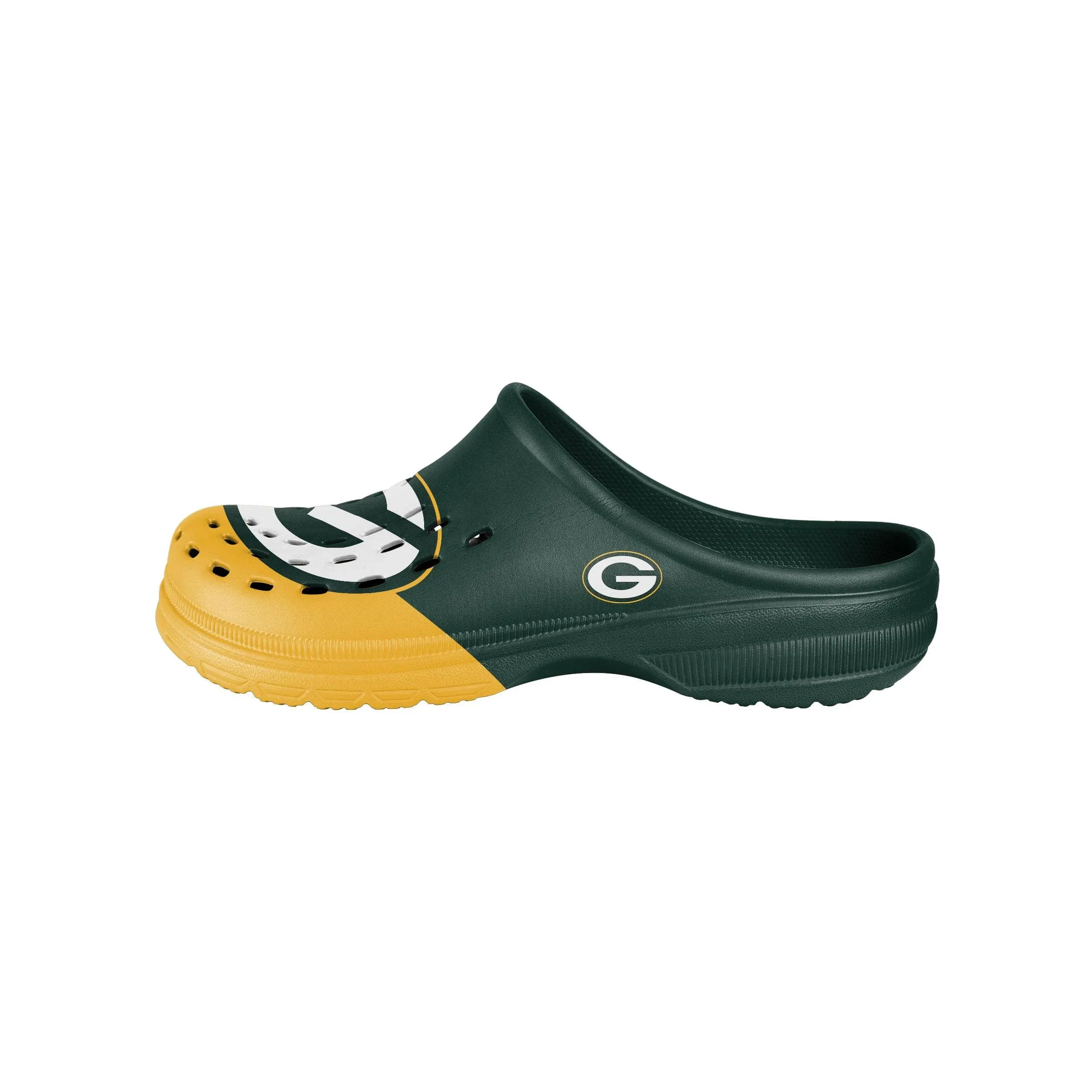 FOCO NFL Men&#039;s Green Bay Packers 2023 Colorblock Big Logo Clogs