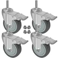 MySit 5 inch Locking Swivel Casters 1/2 inch-13 x 1.5 inch Threaded Stem Wheels with Brake Grey TPR Rubber Wheel Set of 4