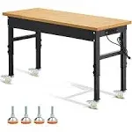 60 inch 24'' Adjustable Workbench,Rolling Heavy-Duty Worktable with Power Outlet and Wheels,Large Load Capacity Rubber Wood Top Workbench for Garage,