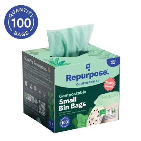 Repurpose 100% Compostable 3-Gallon Small Bin Trash Bags | 100 Bags, 1 Pack |  BPI Certified | Food Scrap Plant-based Trash Bags