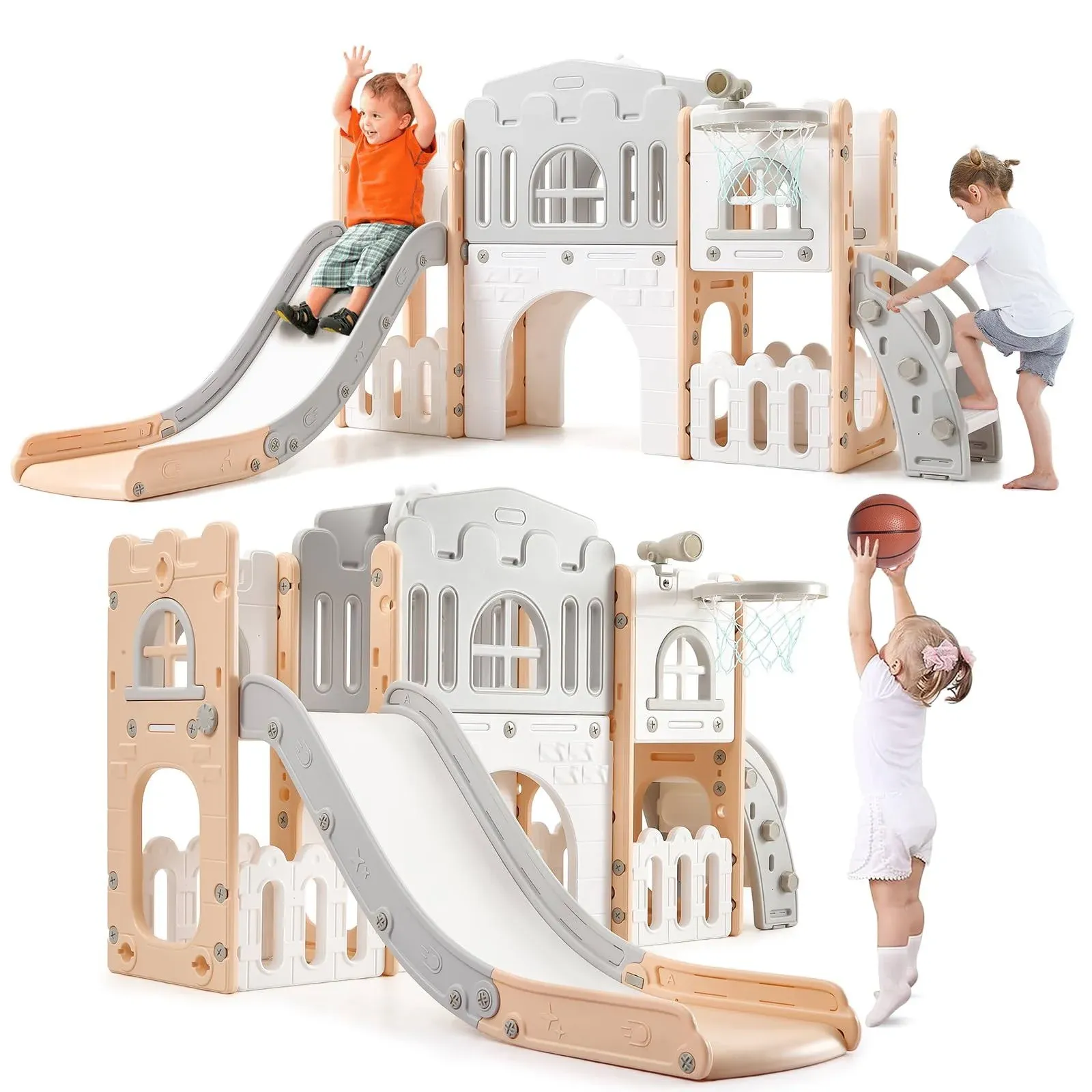 8 in 1 Toddler Slide Indoor Playground, Indoor Slide Toddler Playset for Toddlers 1-3, Kids Outdoor Playground with Slide, Basketball Hoop, Climber, Crawling Tunnel, Telescope, Toy Storage