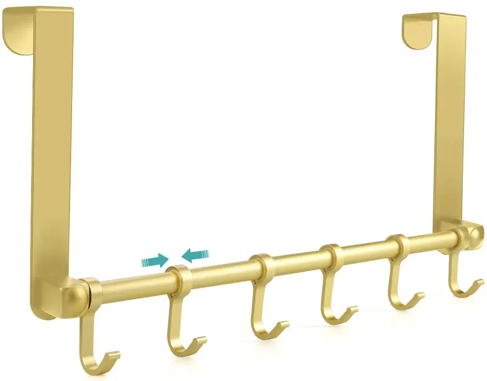 MGahyi Over The Door Hooks Hanger, Moving 6-Hooks,Over Door Towel Rack,Door Coat Hanger, Upgraded Long Arms for Bathroom Accessories (Gold)