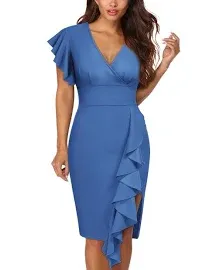 Knitee Women's Deep-V Neck Ruffle Sleeves Cocktail Party Pencil Slit Formal Dress