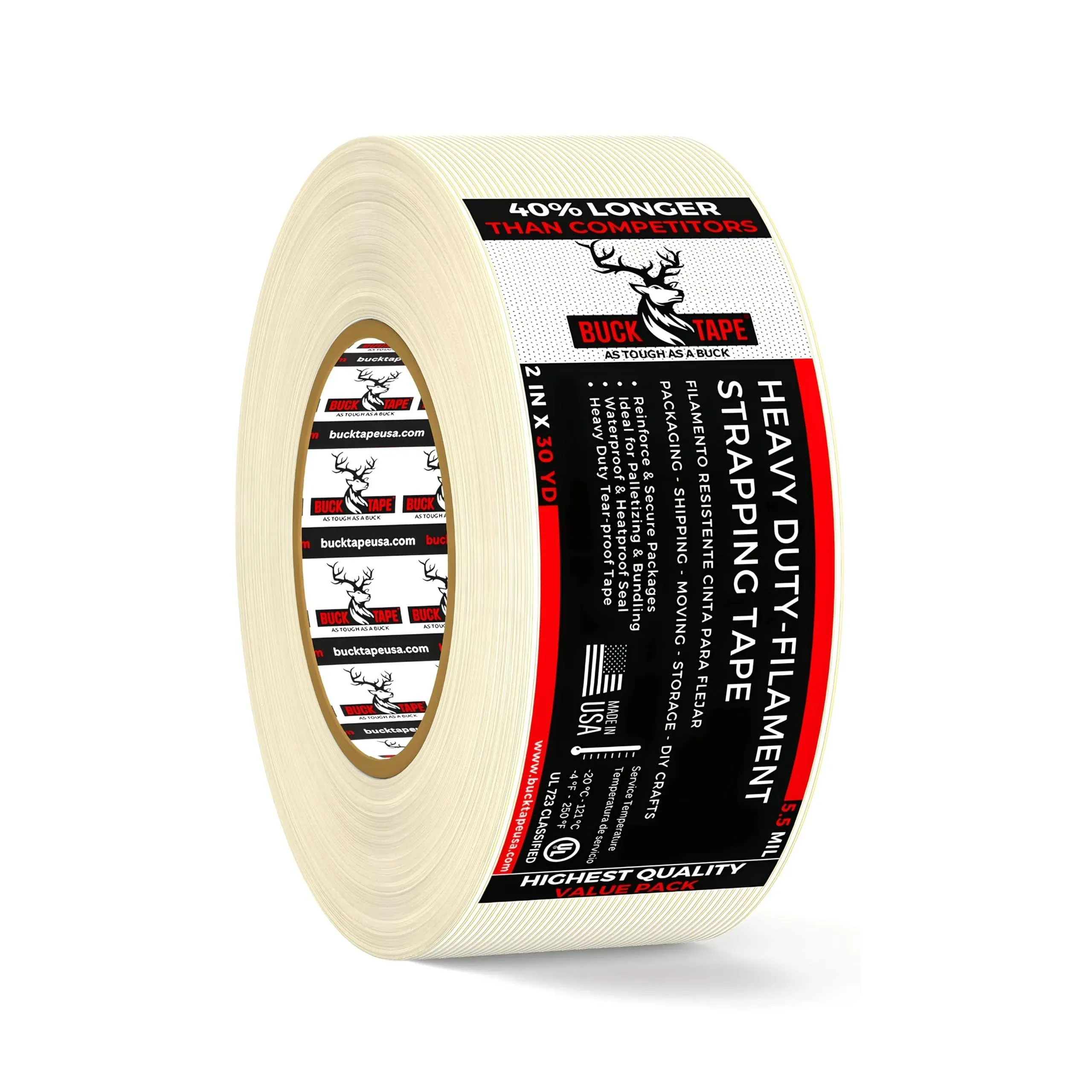 Buck Strapping Tape 2 inch x 30 yds (90ft) - 5.5mil Thickness, Heavy Duty ...