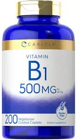 Carlyle Vitamin B1 500mg (Thiamine) | 200 Vegetarian Caplets | Non-GMO and Gluten Free Supplement