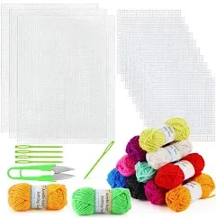 Pllieay 33 Pieces Mesh Plastic Canvas Sheets Kit Including 15 Pieces Clear Plastic Canvas, 12 Color Acrylic Yarn and Embroidery Tools for Embroidery Plastic Canvas Craft