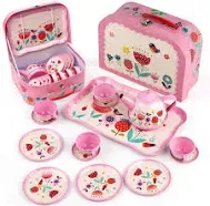 D-FantiX Kids Tea Set for Little Girls 15Pcs Pink Tin Tea Party Set for Toddlers Afternoon Tea Time Playset