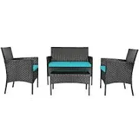 4 PCS Patio Furniture Set Rattan Sofa & Chairs Set Turquoise