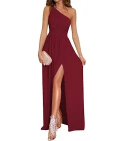 LYANER Women's One Shoulder High Split Sleeveless Ruched Sexy Cocktail Maxi Long Dress