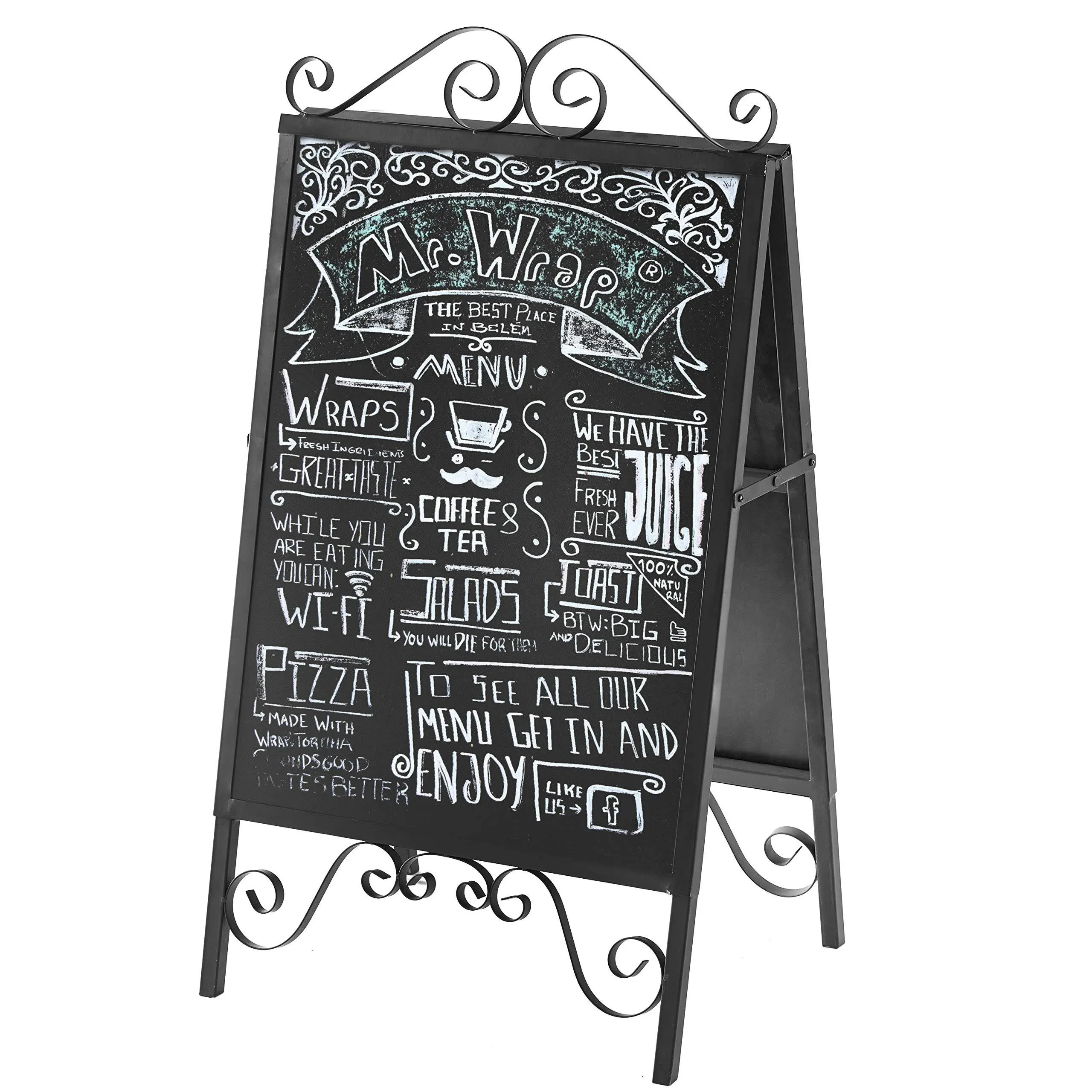 MyGift Scrollwork Design Large A-Frame Black Metal Freestanding Chalkboard Sign/Decorative Restaurant Menu Sidewalk Message Board