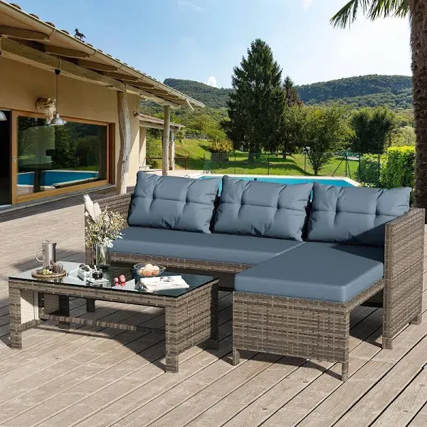 Shintenchi Outdoor Patio Furniture Sets, Wicker Patio Sectional Sets 3-Piece, All Weather Wicker Rattan Patio Seating Sofas with Glass Coffee Table