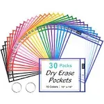 SUNEE 30 Packs Oversized Reusable Dry Erase Pocket Sleeves with 2 Rings