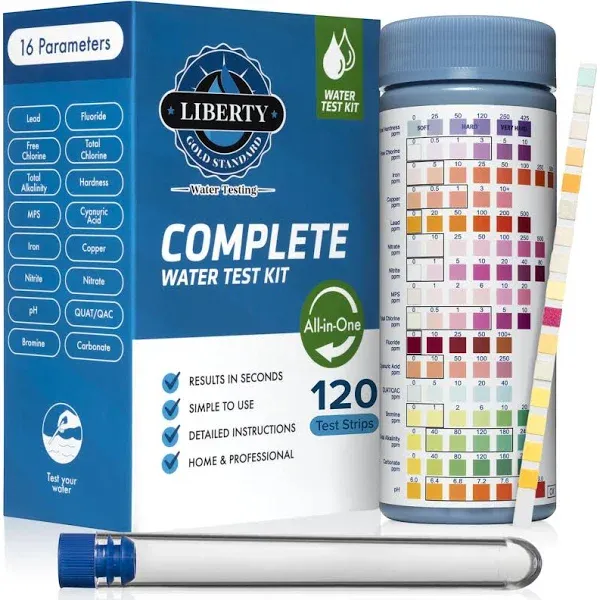 Liberty Gold Standard© Water Testing Strips (121-Piece Kit) All-in-One Test for Home Drinking Water, Wells and 16 Unique Tests for Lead, Hard Water Hardness, pH, Heavy Metals & More