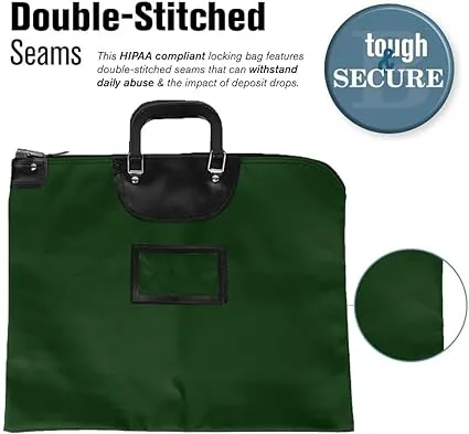 BankSupplies HIPAA Locking Courier Bags with Handles & Card Holder Keyed Differently - Forest Green - 19W x 15H - Durable Laminated Nylon Fabric - Metal Pop