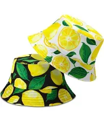 2 Pieces Unisex Lemon Pattern Bucket Hats Reversible Fisherman Cap for Casual...