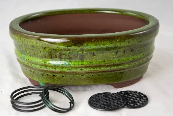 Oval Glazed Cactus & Succulent Planter, Bonsai Pot with Mesh & Wire 6"x 4.5"x 2.5" - Moss Green