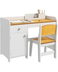 Qaba Kids Desk and Chair Set with Storage, Study Desk with Chair, White