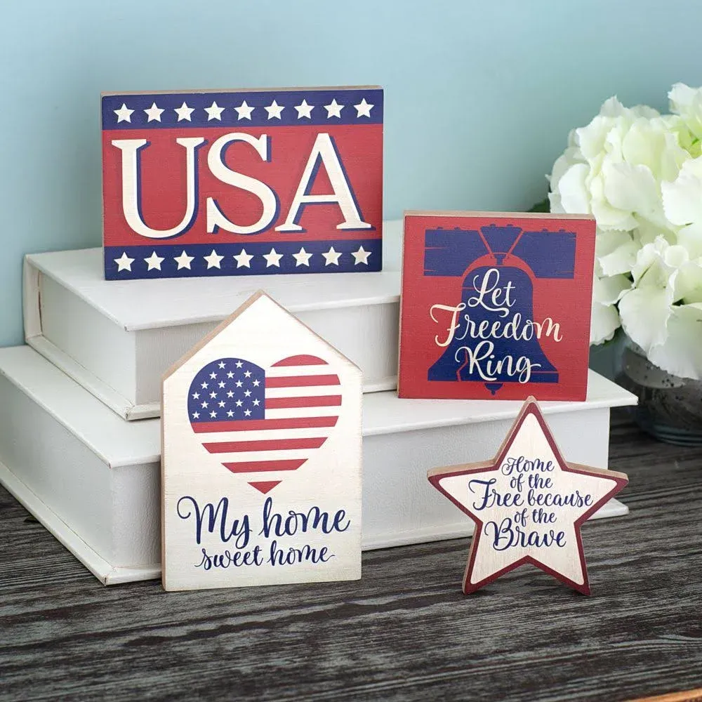 Set of 4 Red, White &amp; Blue Patriotic Tabletop Wood Blocks