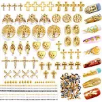 136pcs 3D Nail Charms Rhinestones for Acrylic Nail Art Metal Nail Chains Gold Cross Heart Vintage Alloy Nail Rivet Studs Tip Punk Accessories Decoration Craft DIY