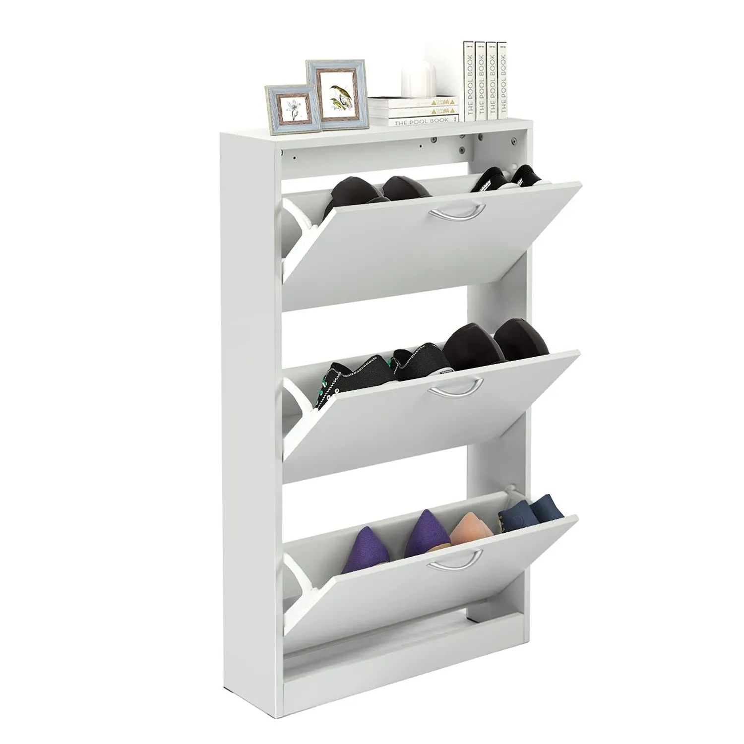 Shoe Storage Cabinet for Entryway White Narrow Shoe Organizer Cabinet, Flip Down