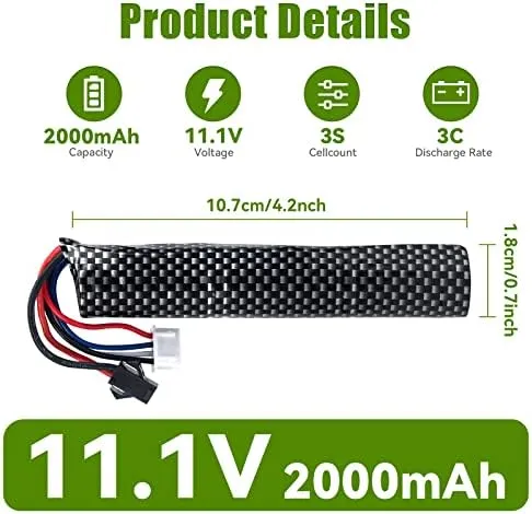 2 Pcs 2000Mah 183503 11.1V Battery Gel Blaster Lipo Airsoft Batteries..