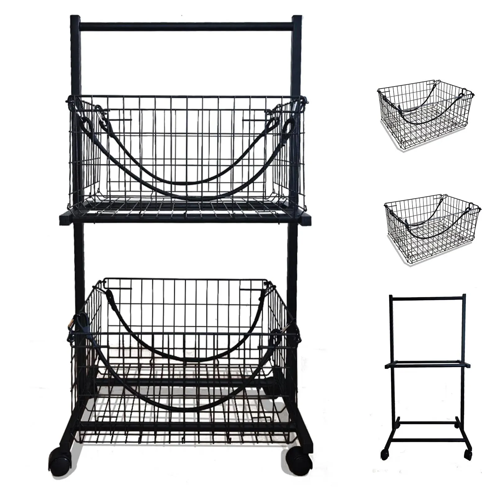 Professional Metal Laundry Basket with 2 Removable Baskets and 4 BLACK