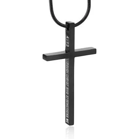 HZMAN Philippians 4:13 Cross Pendant Strength Bible Verse Stainless Steel Necklace, Kids Unisex, Size: One size, Black