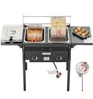 VEVOR Outdoor Propane Deep Fryer Double Burners Commercial Fryer 16 Qt Stainless Steel Cooker with Removable Baskets