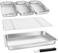 Grill Basket Set 6-piece Stainless Steel Large Roasting Pan 16.5 inch x 11 inch Pan with Cooling Rack