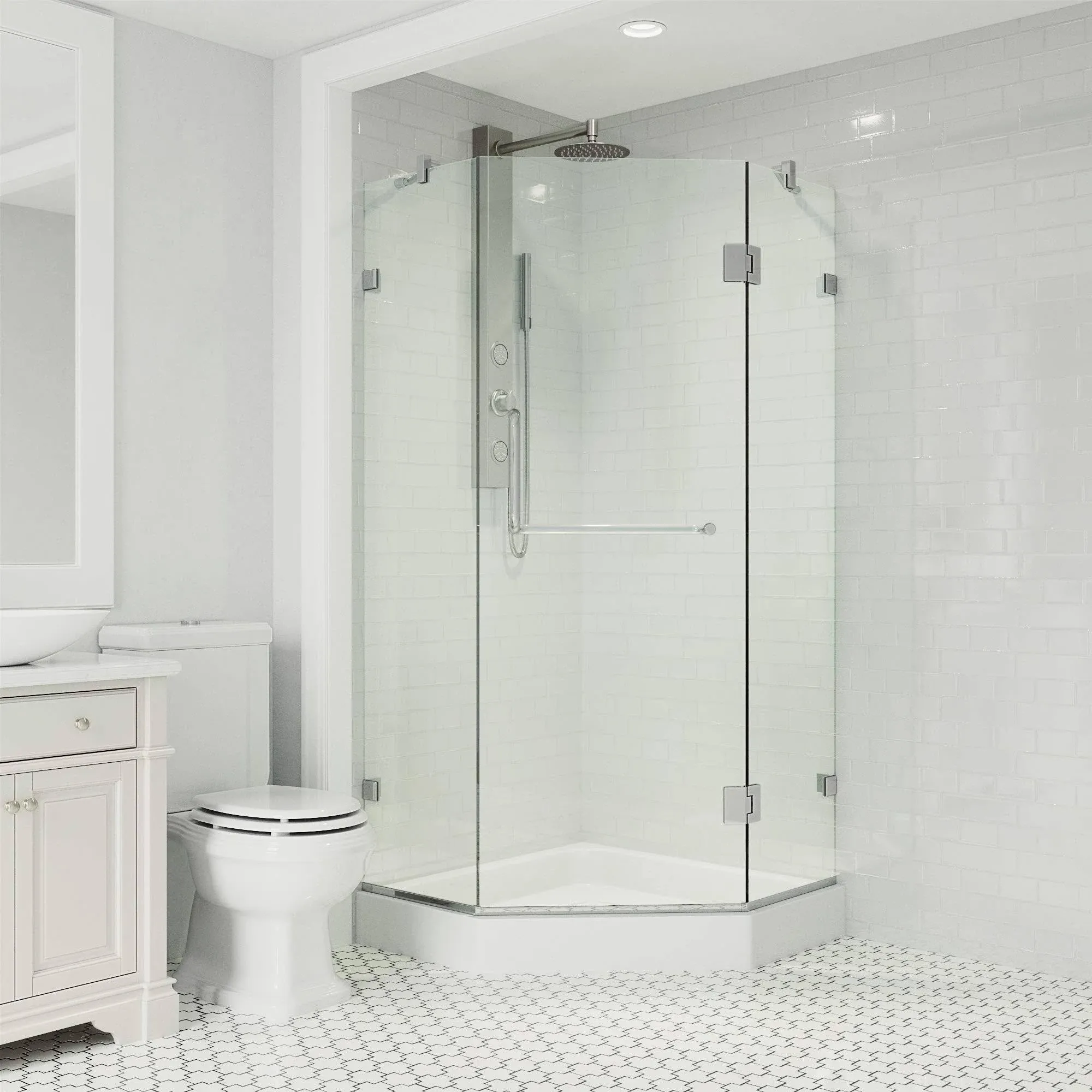 Vigo 38" x 38" Frameless Neo-Angle 3/8" Clear/Chrome Shower Enclosure with White Base