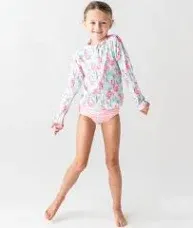 RuffleButts Kids' Vibrant Flamingo Long Sleeve Two-Piece Rashguard Swimsuit