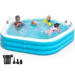 Inflatable Swimming Pool, 90"x 90" x 26" Kiddie Pools with Pump and Seats, Blow up Pool for Kids, Family and Adults, for Backyard, Outdoor, Garden and Indoor