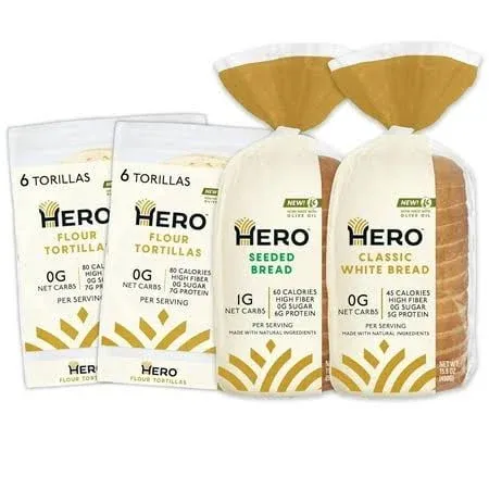 Hero Triple Threat Bundle — 1g Net Carb Seeded Sandwich Bread, 0g Net Carb White Bread, 0g Net Carb Flour Tortilla | 0g Sugar, High Fiber & <100 Calories per serving | Net Low Carb & Keto-Friendly